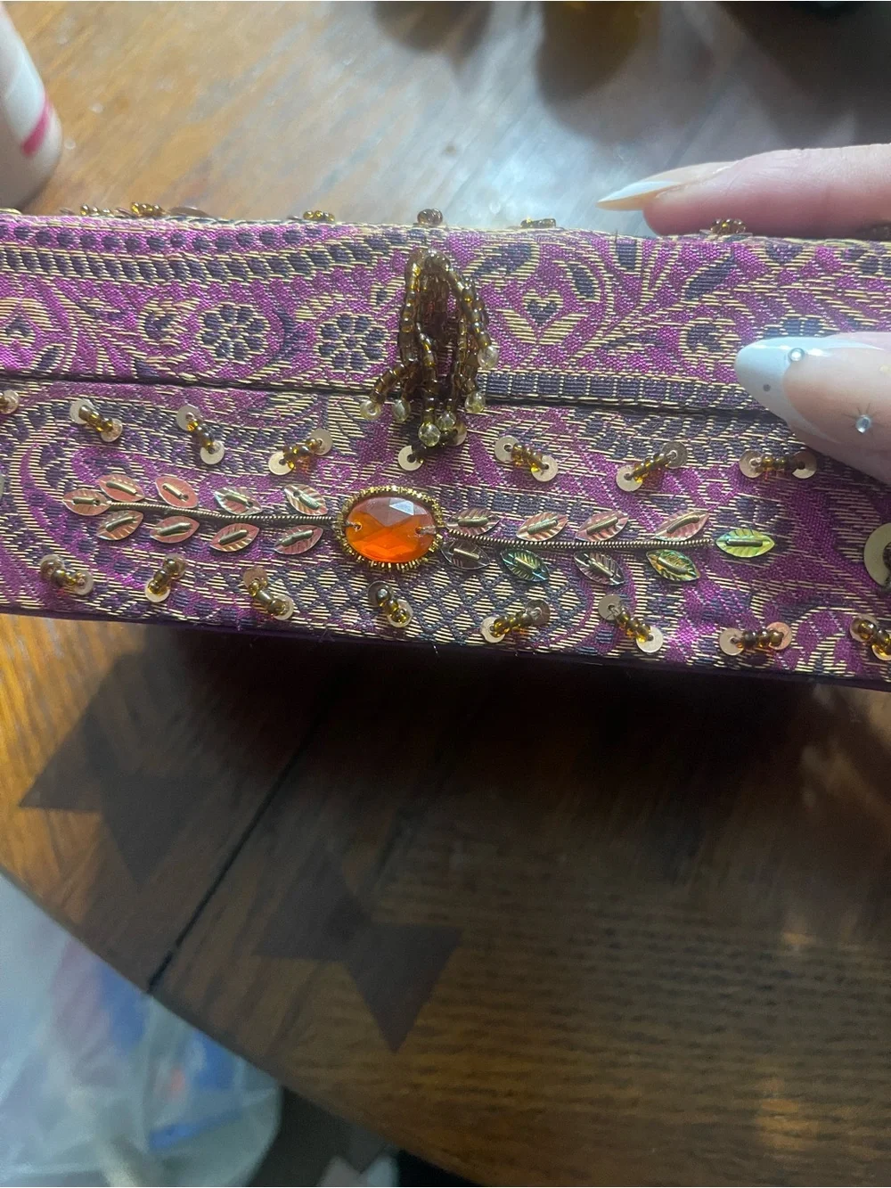 Embellished Pink and amber color Beaded  jewelry storage box